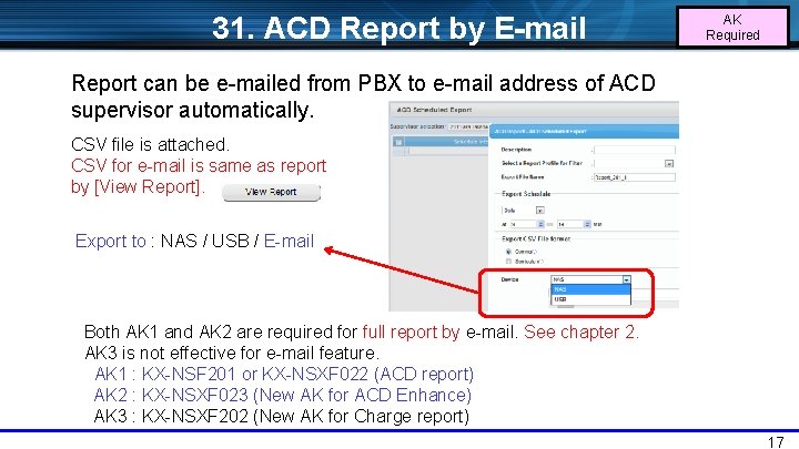 31. ACD Report by E-mail AK Required Report can be e-mailed from PBX to