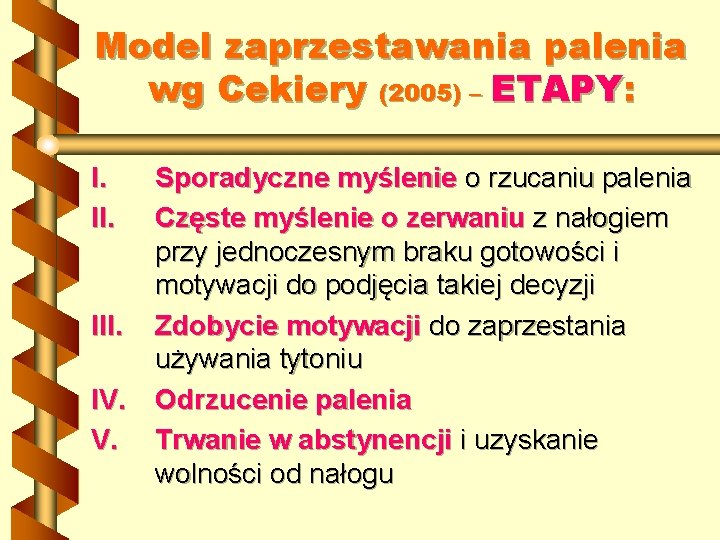 Model zaprzestawania palenia wg Cekiery (2005) – ETAPY: I. II. III. IV. V. Sporadyczne