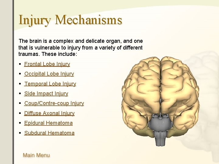 Injury Mechanisms The brain is a complex and delicate organ, and one that is Injury Mechanisms The brain is a complex and delicate organ, and one that is