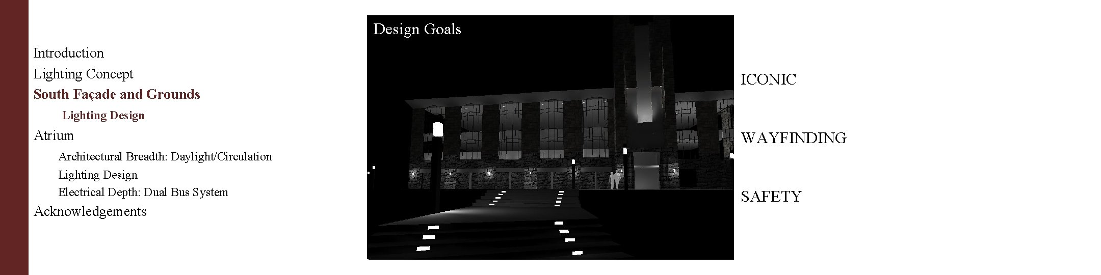 Design Goals Introduction Lighting Concept South Façade and Grounds ICONIC Lighting Design Atrium WAYFINDING