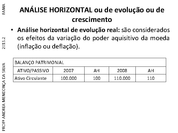 FAMA 2013. 2 PROFª ANDREA MENDONÇA DA SILVA ANÁLISE HORIZONTAL ou de evolução ou