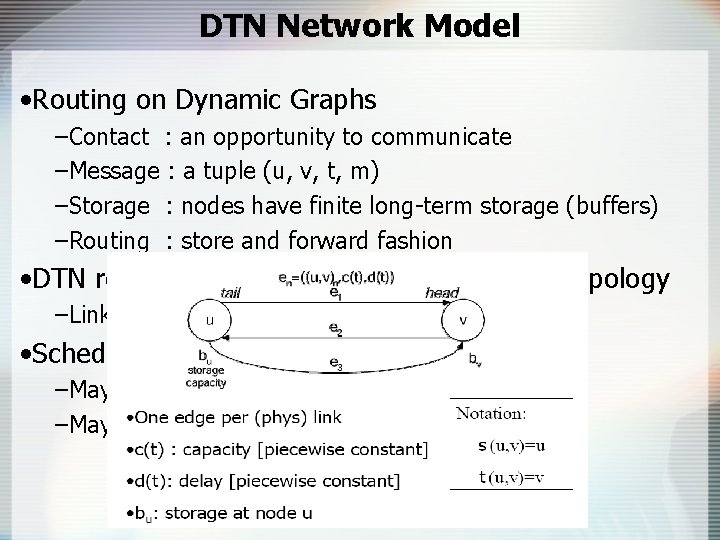 DTN Network Model • Routing on Dynamic Graphs –Contact : an opportunity to communicate