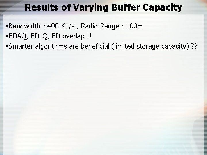 Results of Varying Buffer Capacity • Bandwidth : 400 Kb/s , Radio Range :