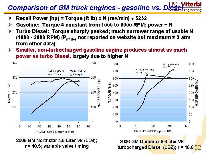 Comparison of GM truck engines - gasoline vs. Diesel Recall Power (hp) = Torque
