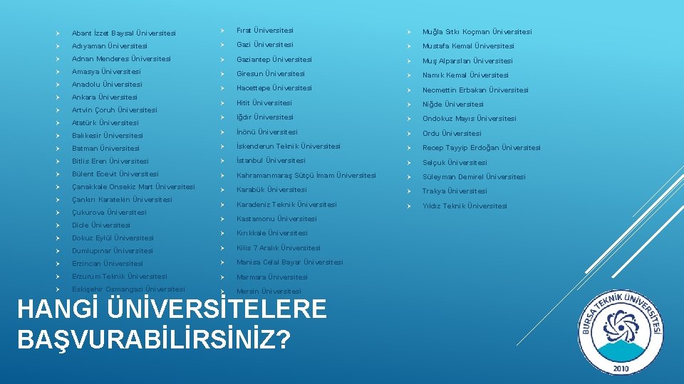 Ø Abant İzzet Baysal Üniversitesi Ø Fırat Üniversitesi Ø Muğla Sıtkı Koçman Üniversitesi Ø