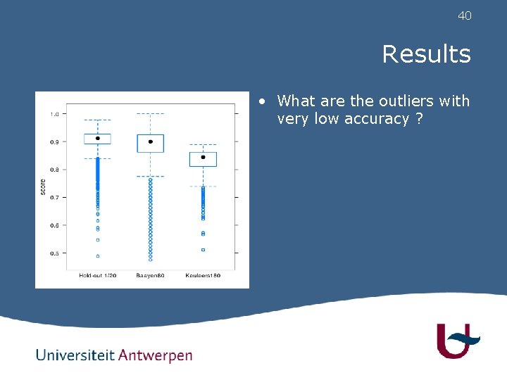 40 Results • What are the outliers with very low accuracy ? 