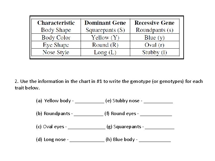 2. Use the information in the chart in #1 to write the genotype (or