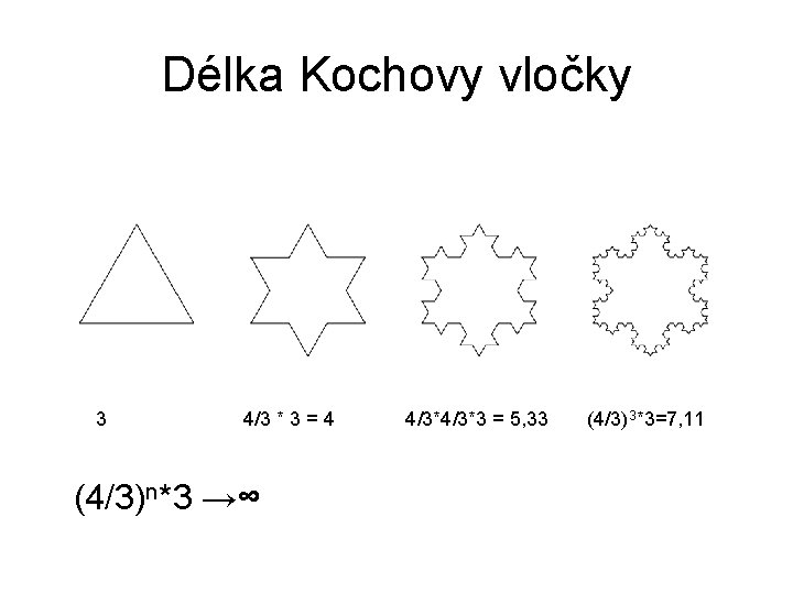 Délka Kochovy vločky 3 4/3 * 3 = 4 (4/3)n*3 →∞ 4/3*3 = 5,