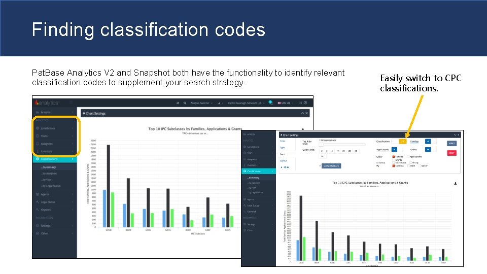 Finding classification codes Pat. Base Analytics V 2 and Snapshot both have the functionality
