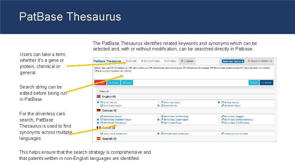 Pat. Base Thesaurus The Pat. Base Thesaurus identifies related keywords and synonyms which can