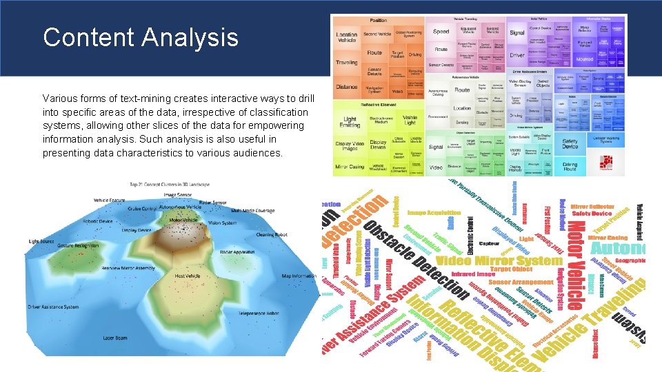 Content Analysis Various forms of text-mining creates interactive ways to drill into specific areas