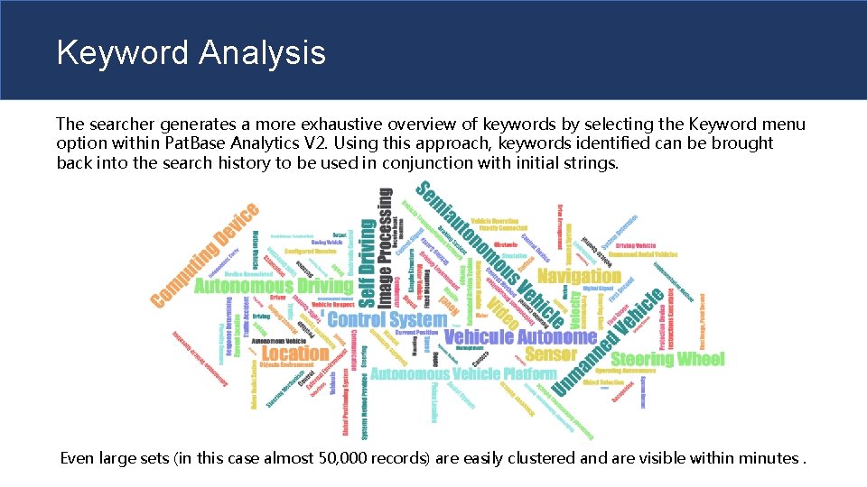 Keyword Analysis The searcher generates a more exhaustive overview of keywords by selecting the