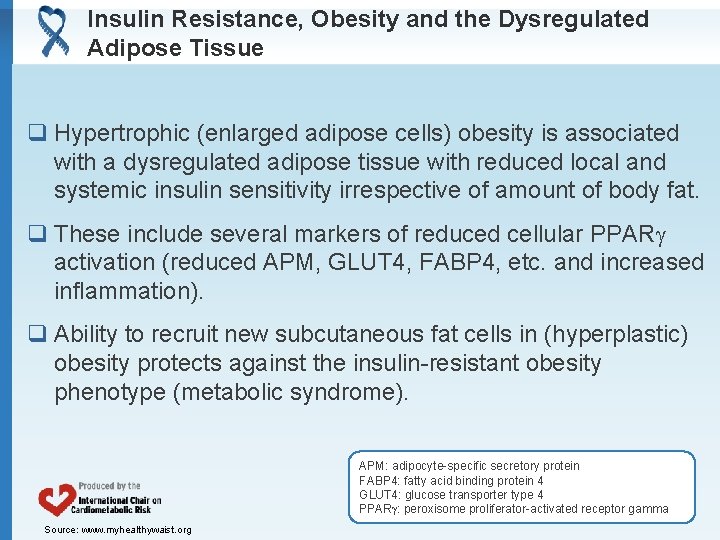 Insulin Resistance, Obesity and the Dysregulated Adipose Tissue q Hypertrophic (enlarged adipose cells) obesity