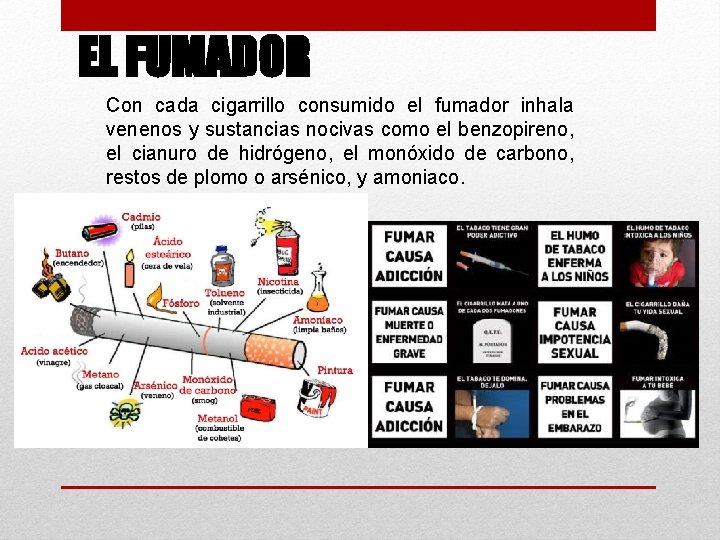 EL FUMADOR Con cada cigarrillo consumido el fumador inhala venenos y sustancias nocivas como