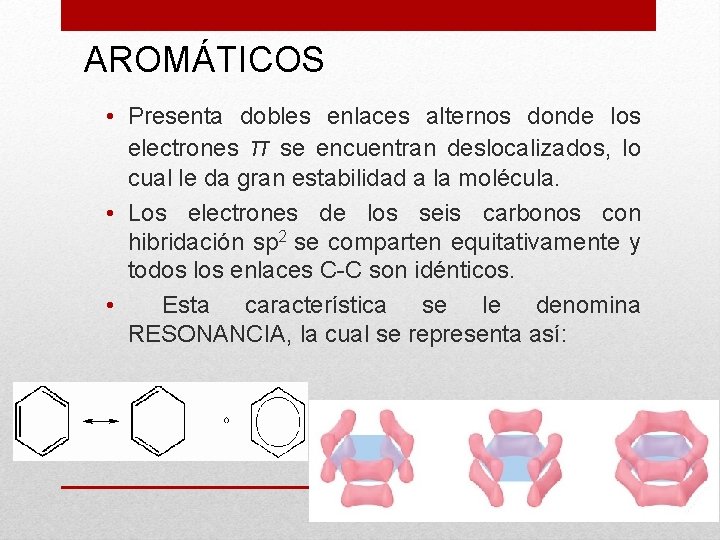 AROMÁTICOS • Presenta dobles enlaces alternos donde los electrones π se encuentran deslocalizados, lo
