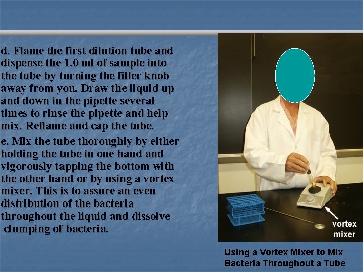 d. Flame the first dilution tube and dispense the 1. 0 ml of sample