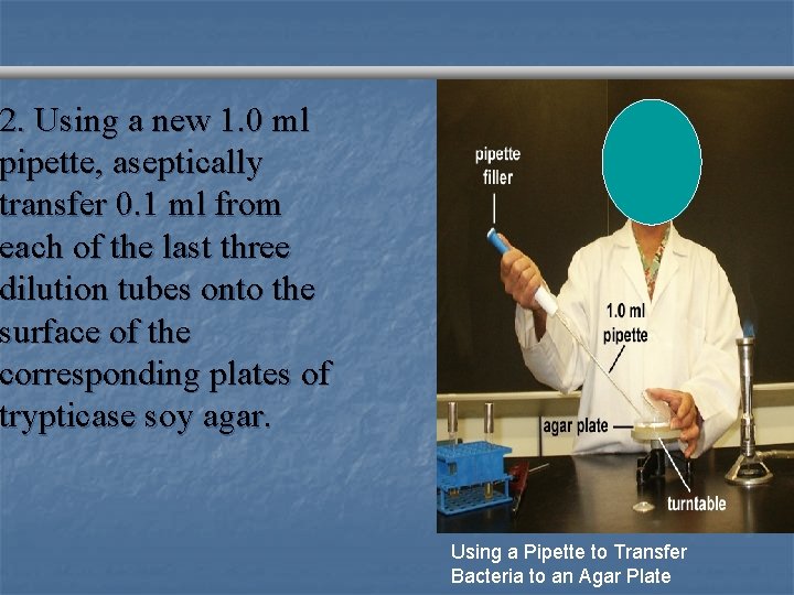 2. Using a new 1. 0 ml pipette, aseptically transfer 0. 1 ml from