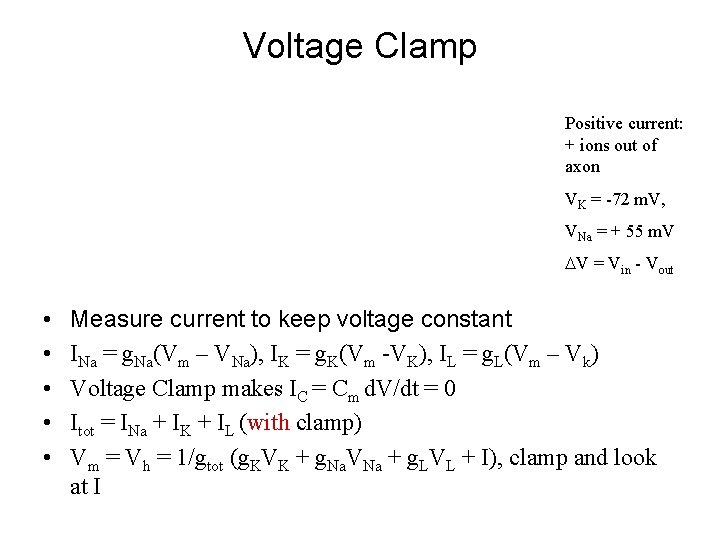 Voltage Clamp Positive current: + ions out of axon VK = -72 m. V,