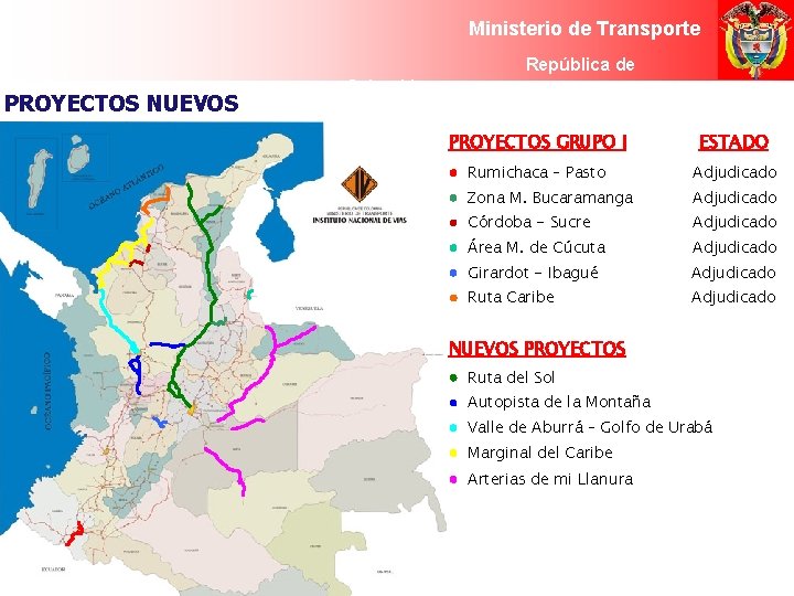 Ministerio de Transporte PROYECTOS NUEVOS Colombia República de de Colombia PROYECTOS GRUPO I ESTADO