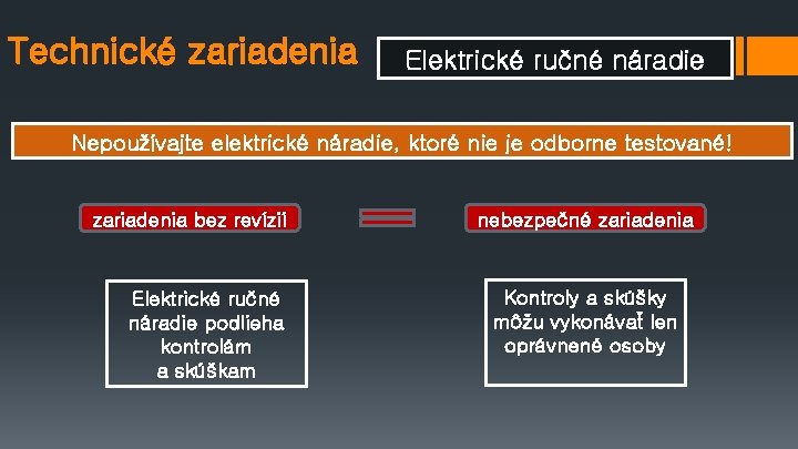 Technické zariadenia Elektrické ručné náradie Nepoužívajte elektrické náradie, ktoré nie je odborne testované! zariadenia