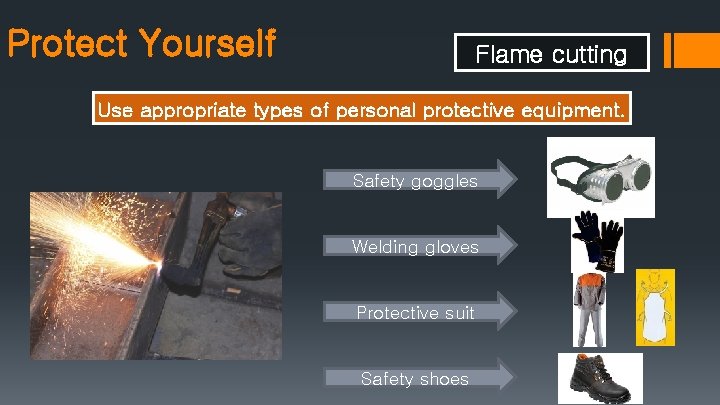 Protect Yourself Flame cutting Use appropriate types of personal protective equipment. Safety goggles Welding