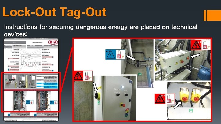 Lock-Out Tag-Out Instructions for securing dangerous energy are placed on technical devices: 