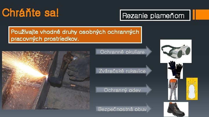 Chráňte sa! Rezanie plameňom Používajte vhodné druhy osobných ochranných pracovných prostriedkov. Ochranné okuliare Zváračské