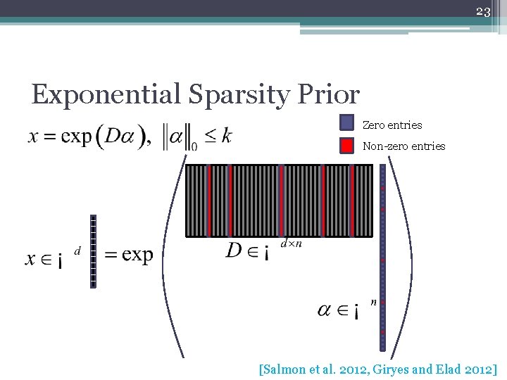 23 Exponential Sparsity Prior Zero entries Non-zero entries [Salmon et al. 2012, Giryes and