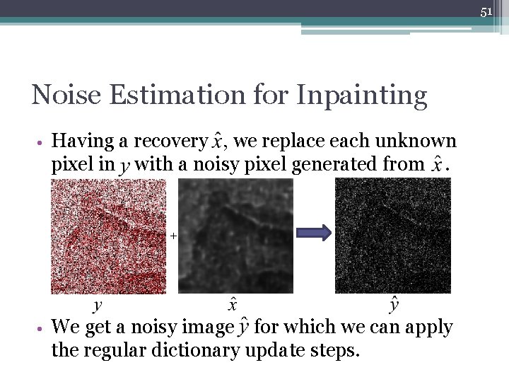 51 Noise Estimation for Inpainting • Having a recovery , we replace each unknown