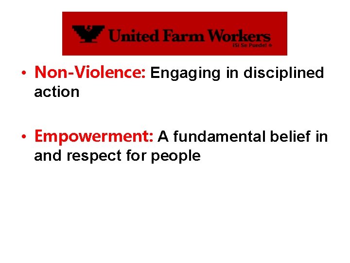  • Non-Violence: Engaging in disciplined action • Empowerment: A fundamental belief in and