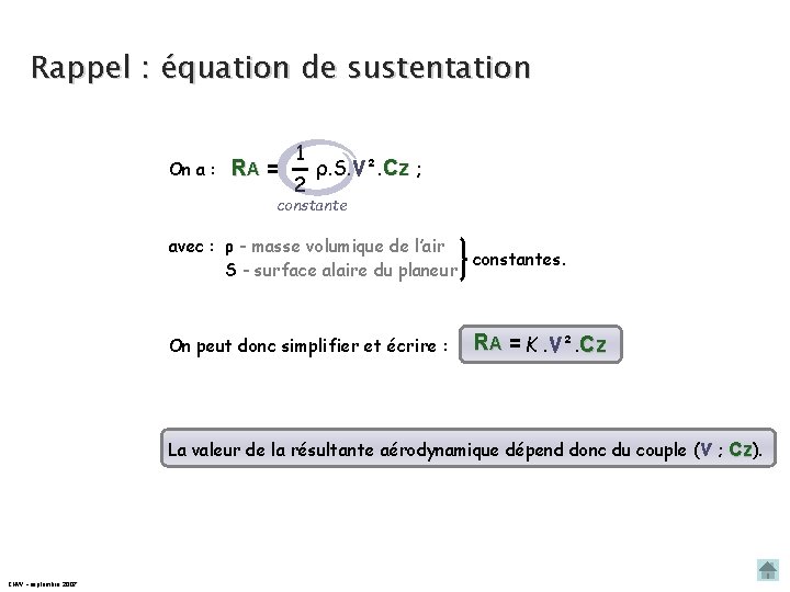 Rappel : équation de sustentation On a : RA = 1 2 ρ. S.