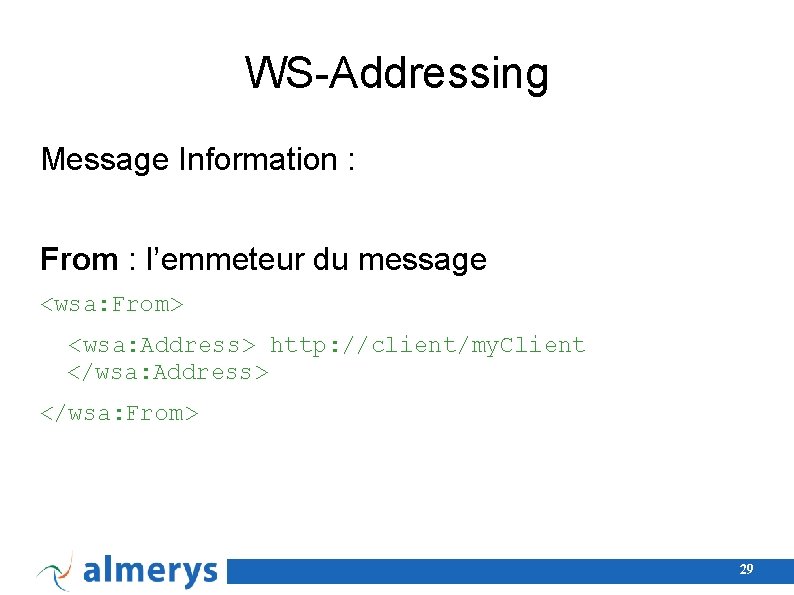 WS-Addressing Message Information : From : l’emmeteur du message <wsa: From> <wsa: Address> http: