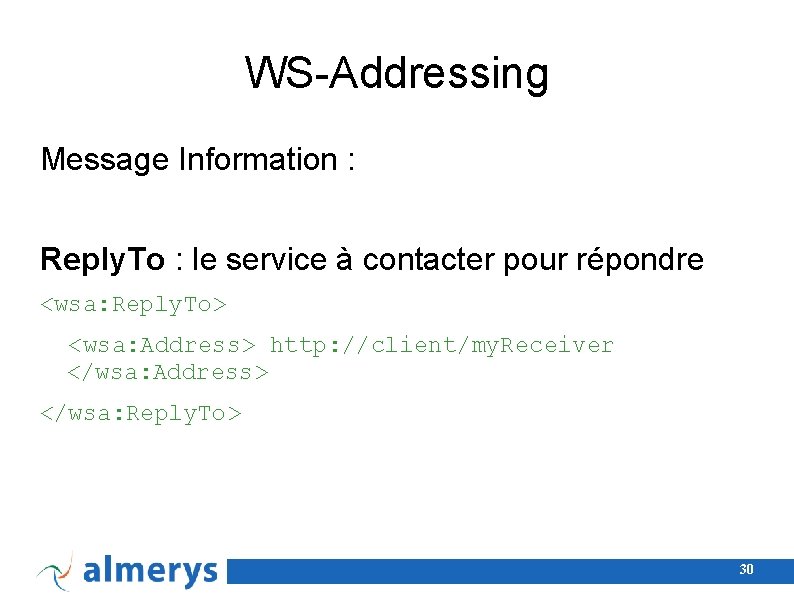 WS-Addressing Message Information : Reply. To : le service à contacter pour répondre <wsa: