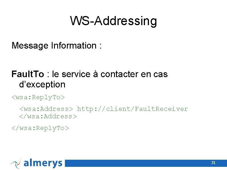 WS-Addressing Message Information : Fault. To : le service à contacter en cas d’exception