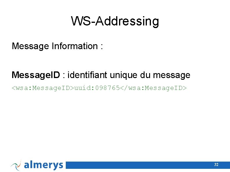 WS-Addressing Message Information : Message. ID : identifiant unique du message <wsa: Message. ID>uuid:
