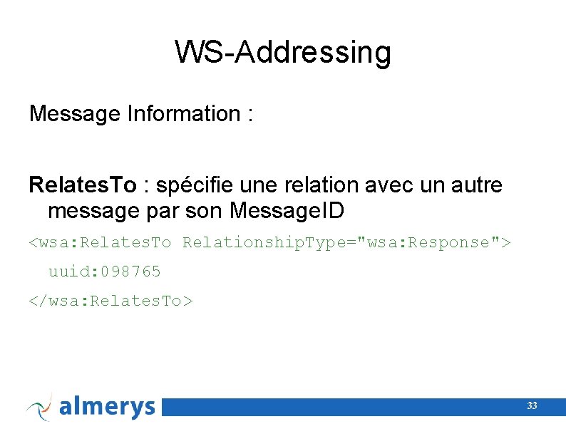 WS-Addressing Message Information : Relates. To : spécifie une relation avec un autre message