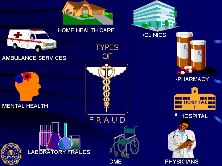 HOME HEALTH CARE • CLINICS TYPES OF AMBULANCE SERVICES • PHARMACY MENTAL HEALTH FRAUD