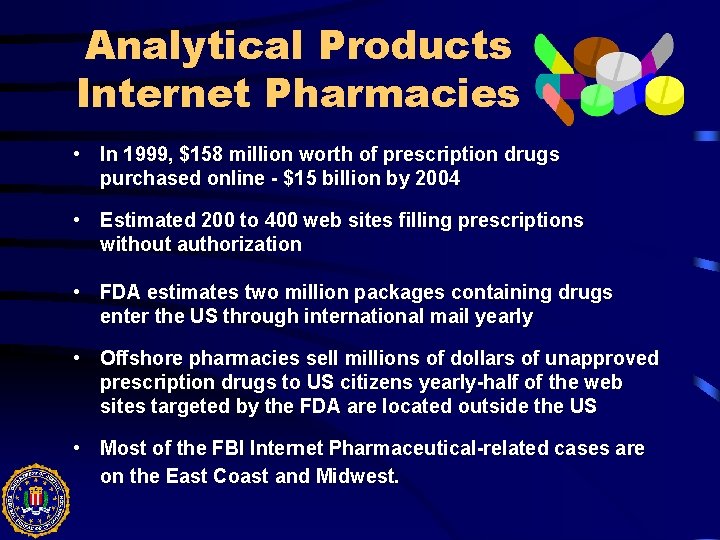 Analytical Products Internet Pharmacies • In 1999, $158 million worth of prescription drugs purchased