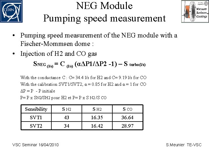 NEG Module Pumping speed measurement • Pumping speed measurement of the NEG module with