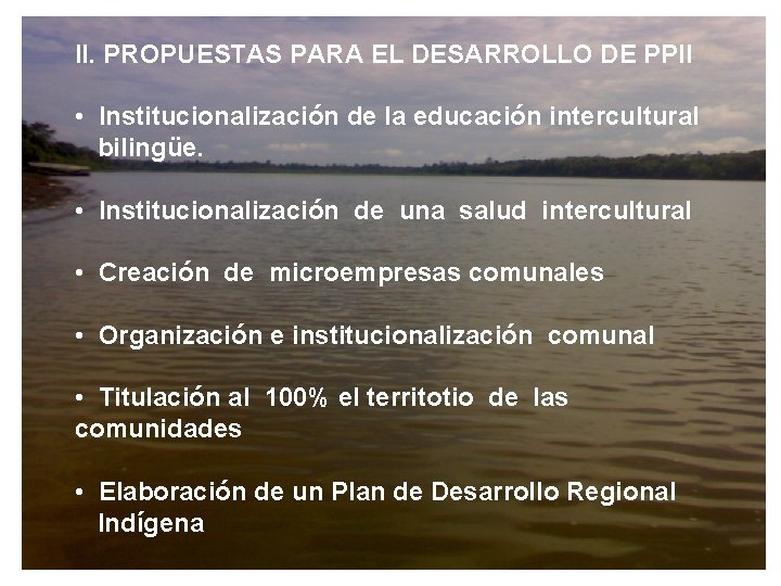 II. PROPUESTAS PARA EL DESARROLLO DE PPII • Institucionalización de la educación intercultural bilingüe.