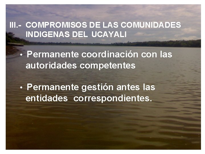 III. - COMPROMISOS DE LAS COMUNIDADES INDIGENAS DEL UCAYALI • Permanente coordinación con las