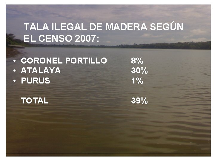 TALA ILEGAL DE MADERA SEGÚN EL CENSO 2007: • CORONEL PORTILLO • ATALAYA •