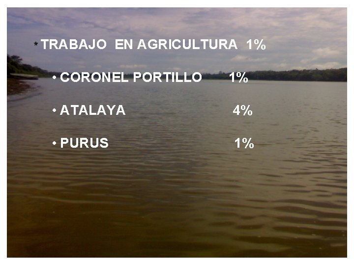 * TRABAJO EN AGRICULTURA 1% • CORONEL PORTILLO 1% • ATALAYA 4% • PURUS