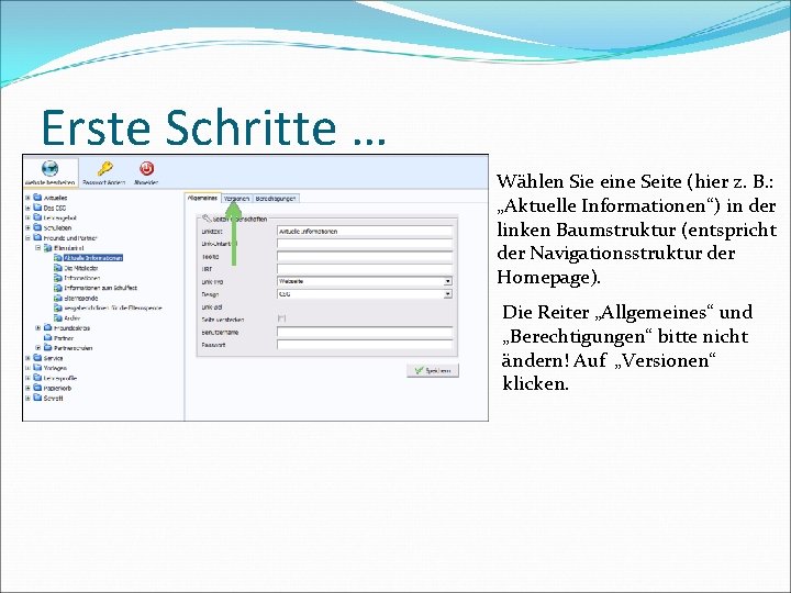 Erste Schritte … Wählen Sie eine Seite (hier z. B. : „Aktuelle Informationen“) in