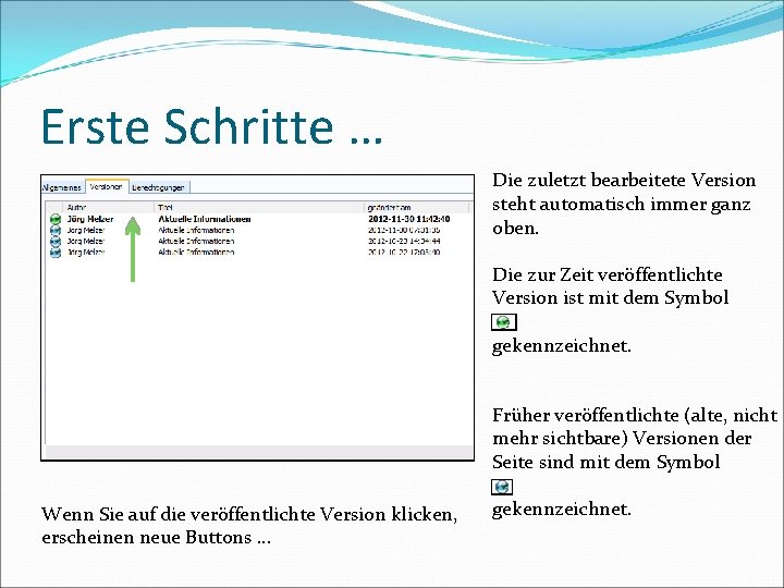 Erste Schritte … Die zuletzt bearbeitete Version steht automatisch immer ganz oben. Die zur