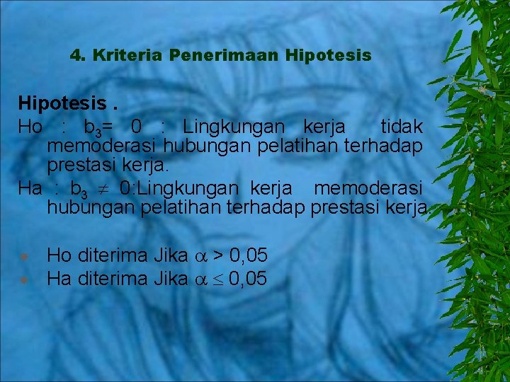 4. Kriteria Penerimaan Hipotesis. Ho : b 3= 0 : Lingkungan kerja tidak memoderasi