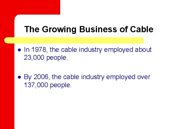 The Growing Business of Cable l In 1978, the cable industry employed about 23,