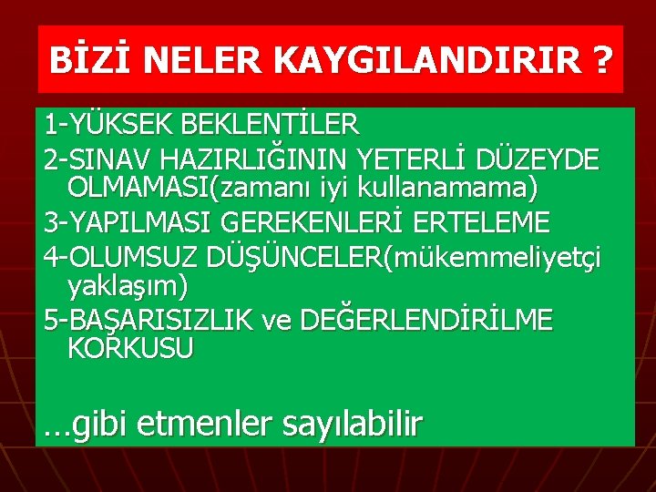 BİZİ NELER KAYGILANDIRIR ? 1 -YÜKSEK BEKLENTİLER 2 -SINAV HAZIRLIĞININ YETERLİ DÜZEYDE OLMAMASI(zamanı iyi