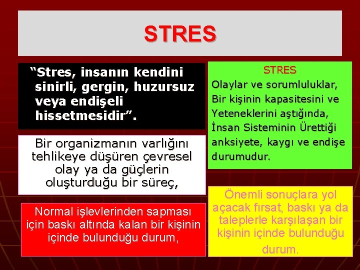 STRES “Stres, insanın kendini sinirli, gergin, huzursuz veya endişeli hissetmesidir”. Bir organizmanın varlığını tehlikeye