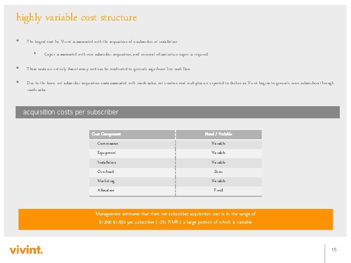 highly variable cost structure § The largest cost for Vivint is associated with the